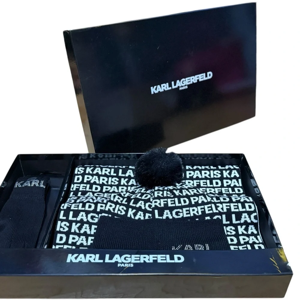 KARL LAGERFELD Women Gift Set Hat, Scarf, Gloves Boxed Beanie Black White NWT